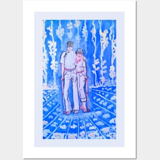 An old couple in the blue garden. Love forever. Posters and Art